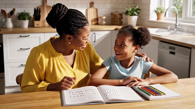 Woman helping child with homework in bright kitchen at home