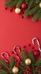 A festive flat-lay composition featuring green fir branches, red and gold ornaments, and candy canes along the top border against a bold red background. A clean, modern Christmas scene full of holiday