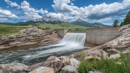 Dam overflowing with water, rocks, lush green hills, and mountains background