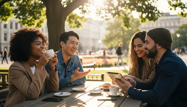 Friends Laughing at Outdoor Cafe - Powered by Adobe