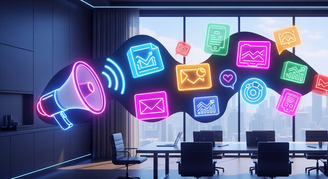 Office interior with neon megaphone emitting colorful icons, representing business communication, marketing strategy, digital presence, and information flow