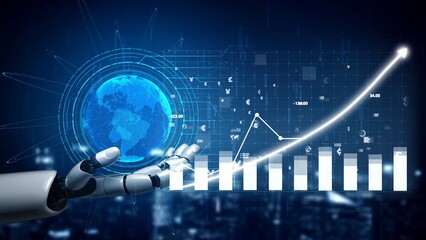 A futuristic robotic hand displays a rising graph, symbolizing growth and advancements in technology and finance, portraying insights into economic trends and analysis. Copula