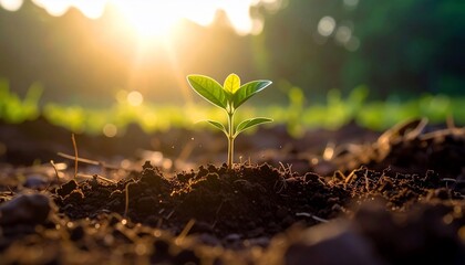Sprout in soil with sunset.