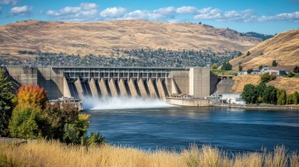 A massive concrete dam with water gushing out, nestled in a valley with rolling hills