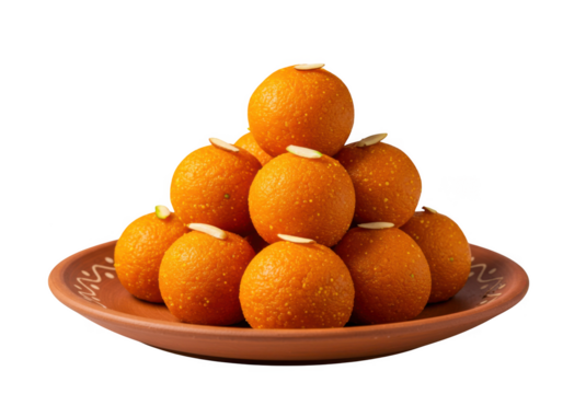 A ceramic plate filled with traditional Indian sweets laddus with nuts isolated on transparent background, a popular indian dessert