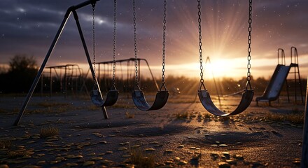 Playground at Sunset - A Serene Scene of Swings and Slides.