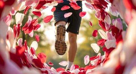 Person running through tunnel of rose petals love sport concept