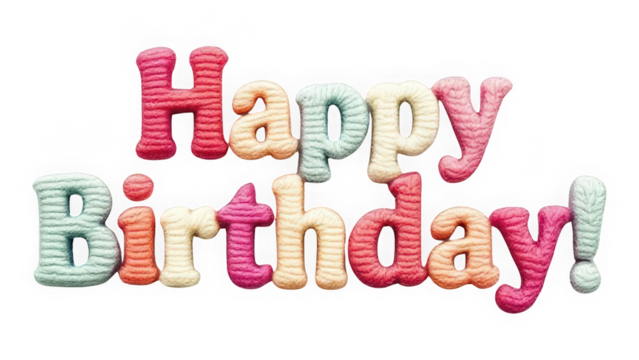 3D Frosting Happy Birthday Text isolated on transparent background. Confectionery Piped Icing Lettering. Playful Candy Dough Typography.