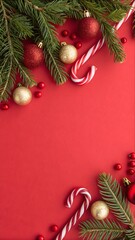 A festive flat-lay composition featuring green fir branches, red and gold ornaments, and candy canes along the top border against a bold red background. A clean, modern Christmas scene full of holiday