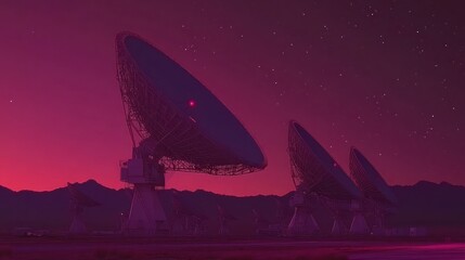Radio telescopes against a vibrant pink sky