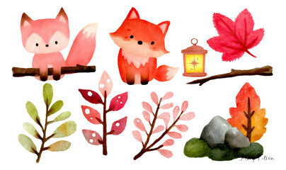Fototapeta premium Watercolor Fox Characters with Leaves and Lantern on Transparent Background