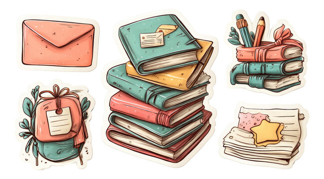 Colorful Stack of Books and Stationery Elements in Hand-drawn Style with Isolated Background