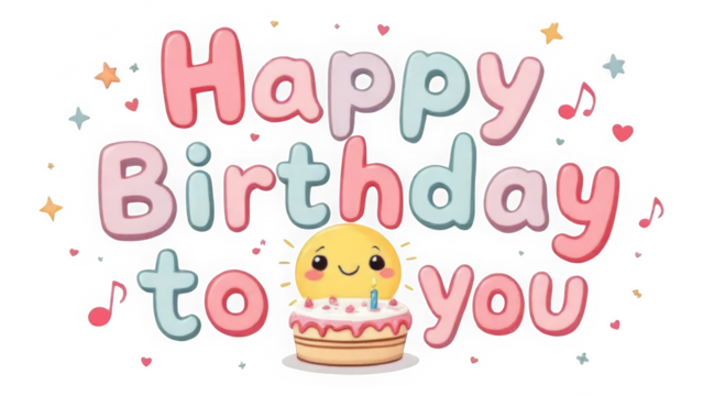 Happy Birthday to You with Chick and Cake isolated on transparent background. Cartoon Puffy Pastel Lettering. Whimsical Star Musical Note Scene.