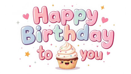 Happy Birthday to You with Cupcake Character isolated on transparent background. Bubbly Pastel Watercolor Font. Whimsical Star Heart Magical Design.