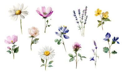 Watercolor set of wildflowers. Wild flowers of chamomile, lavender, clover, comfrey and others. Field and meadow flowers and herbs. Wild plants on an isolated background.
