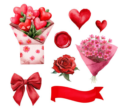 Fototapeta Watercolor set of romantic elements for Valentine's Day. Bouquet with hearts, pink flowers, red frame for inscriptions, seal and rose. Symbols of romance and love. Happy Valentine's Day.
