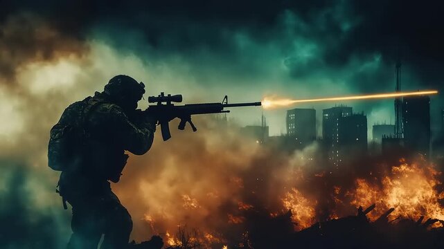 Sniper aiming weapon amidst city inferno and glowing laser beam