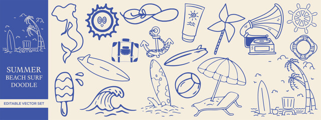 Summer Beach Surf Doodle Editable Vector Set for Creative Projects