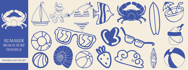 Editable Summer Beach & Surf Doodle Vector Set for Creative Projects