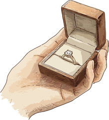 Romantic watercolor artwork depicting a delicate hand holding an open ring box with engagement ring - vector illustration