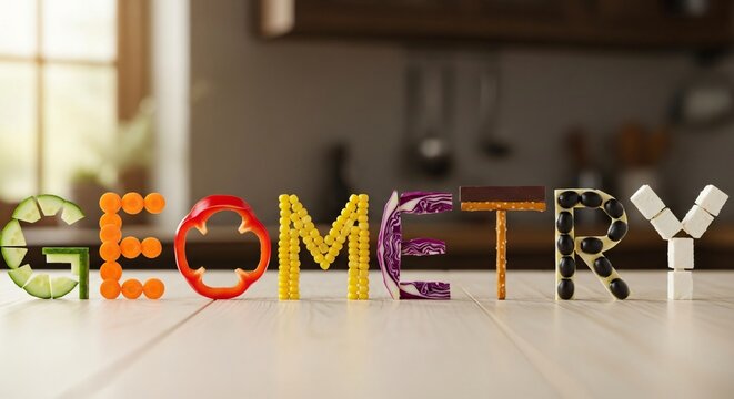 The word geometry spelled out with colorful and textured food items on a wooden table, with a blurred kitchen background