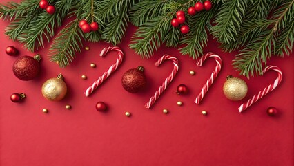 A festive flat-lay composition featuring green fir branches, red and gold ornaments, and candy canes along the top border against a bold red background. A clean, modern Christmas scene full of holiday