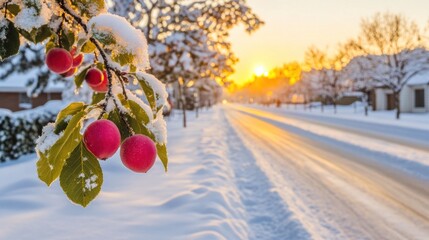 Winter sunrise over street with snow-covered trees and red fruits on branch
