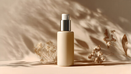 a simple skincare bottle with shadow beige background