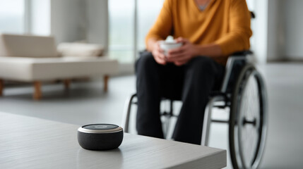 Smart speaker on table with blurred person in wheelchair in background, modern home, accessibility, technology, independence, comfort