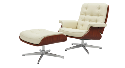 Elegant cream leather armchair and ottoman isolated, mid-century modern furniture for living room or office interior design