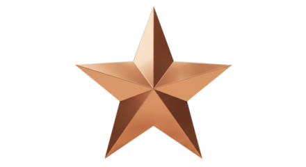 Copper five-pointed star isolated PNG on transparent background, shiny metallic star shape for decoration and design use