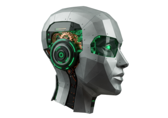 Futuristic robot head isolated on transparent PNG, cyborg with green glowing eye and internal mechanisms for science fiction concepts