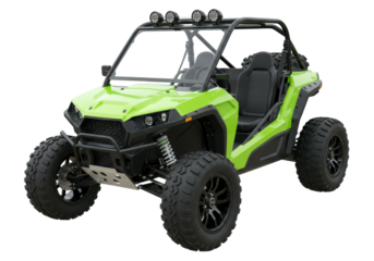 Lime green UTV isolated on transparent background, utility task vehicle with roll cage and off-road tires for recreation and work