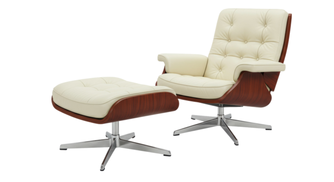 Elegant cream leather armchair and ottoman isolated, mid-century modern furniture for living room or office interior design
