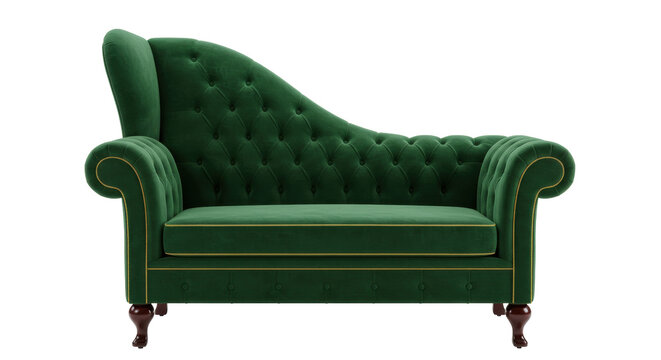 Elegant green velvet chaise lounge isolated on transparent background, luxurious couch for living room or bedroom interior design