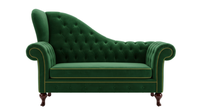 Elegant green velvet chaise lounge isolated on transparent background, luxurious couch for living room or bedroom interior design