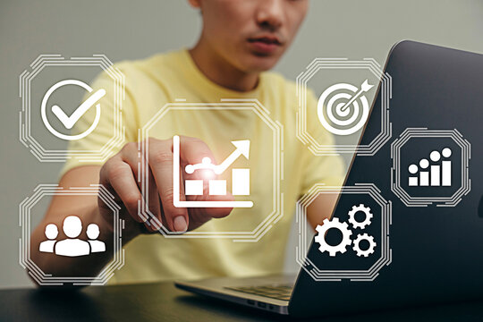 Business strategy and planning digital transformation with data analysis and team management concept