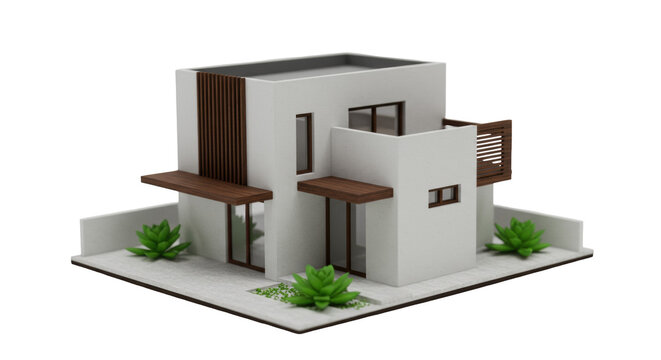 Modern house model isolated on transparent background, miniature architecture with minimalist design and landscaping for real estate concepts