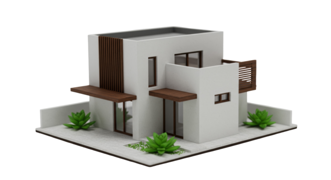 Modern house model isolated on transparent background, miniature architecture with minimalist design and landscaping for real estate concepts