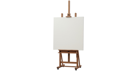 Wooden easel with blank canvas isolated on transparent background, art supply for painting and drawing projects PNG
