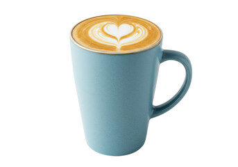 Latte art in a blue mug isolated on a clean background, coffee drink with heart design for cafe menu and social media posts