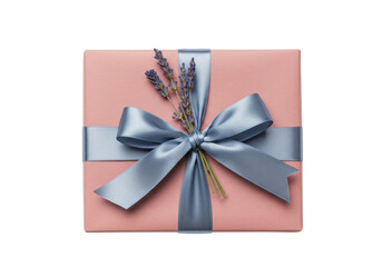 Elegant pink gift box with blue ribbon and lavender sprigs isolated, present for special occasion or birthday celebration