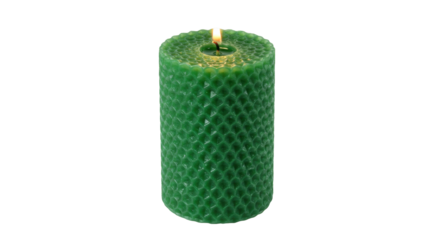 Burning green beeswax candle isolated, textured wax cylinder with flame for aromatherapy and home decor, on transparent background