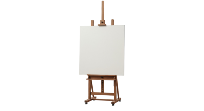 Wooden easel with blank canvas isolated on transparent background, art supply for painting and drawing projects PNG