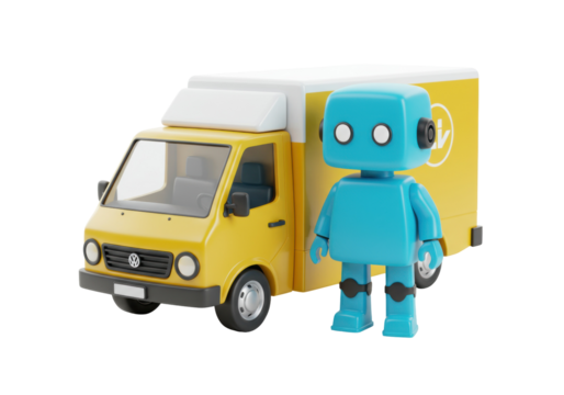 Yellow delivery van with a blue toy robot isolated, 3D rendering on transparent background, concept for modern logistics and automation
