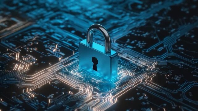 Cybersecurity concept, lock on circuit board