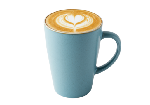 Latte art in a blue mug isolated on a clean background, coffee drink with heart design for cafe menu and social media posts