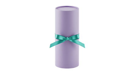 Lilac cylinder box with teal ribbon isolated, gift packaging for cosmetics or small items on a clean background