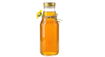 Golden honey in glass bottle isolated, natural sweetener with yellow flower decoration on transparent background