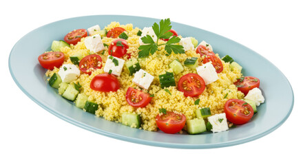 Couscous salad with tomatoes, cucumbers, and feta cheese on a blue plate isolated, healthy vegetarian Mediterranean cuisine